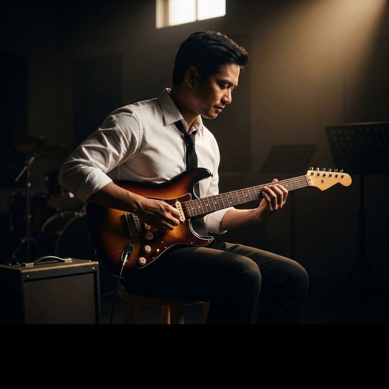 A man in a loosened tie playing electric guitar in a sunlit practice room