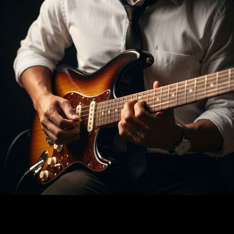Adult student playing electric guitar in a daytime lesson