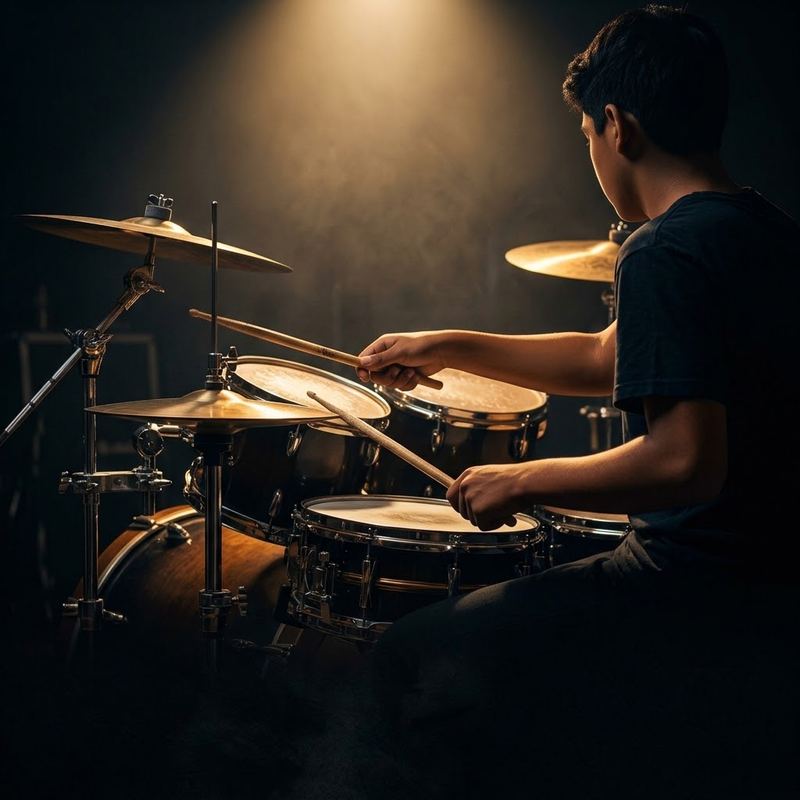 Student playing a drum kit during a drum lesson