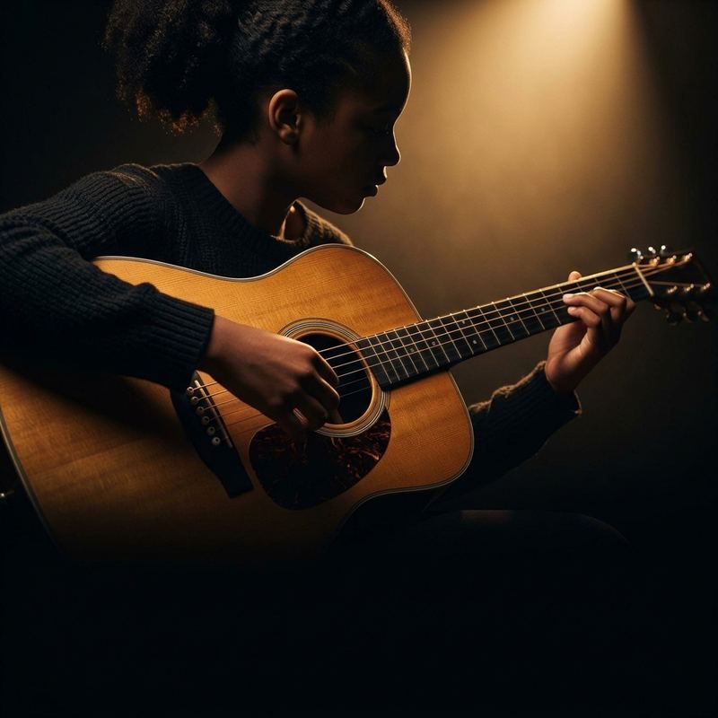 Student playing acoustic guitar during a guitar lesson