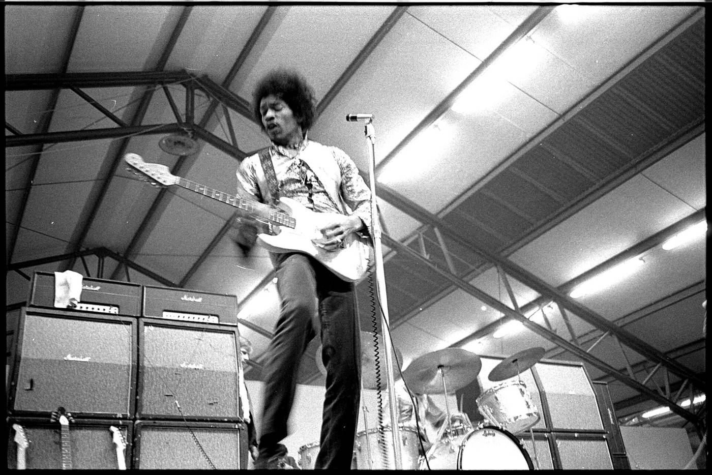 Jimi Hendrix playing a Stratocaster on stage at Ahoy, Rotterdam, 1967