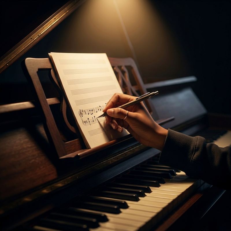 Writing notes on sheet music at the piano in a music theory lesson