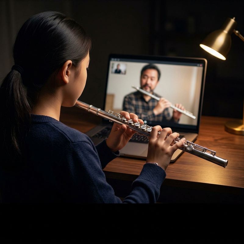 Student playing flute in an online lesson with a teacher on a laptop