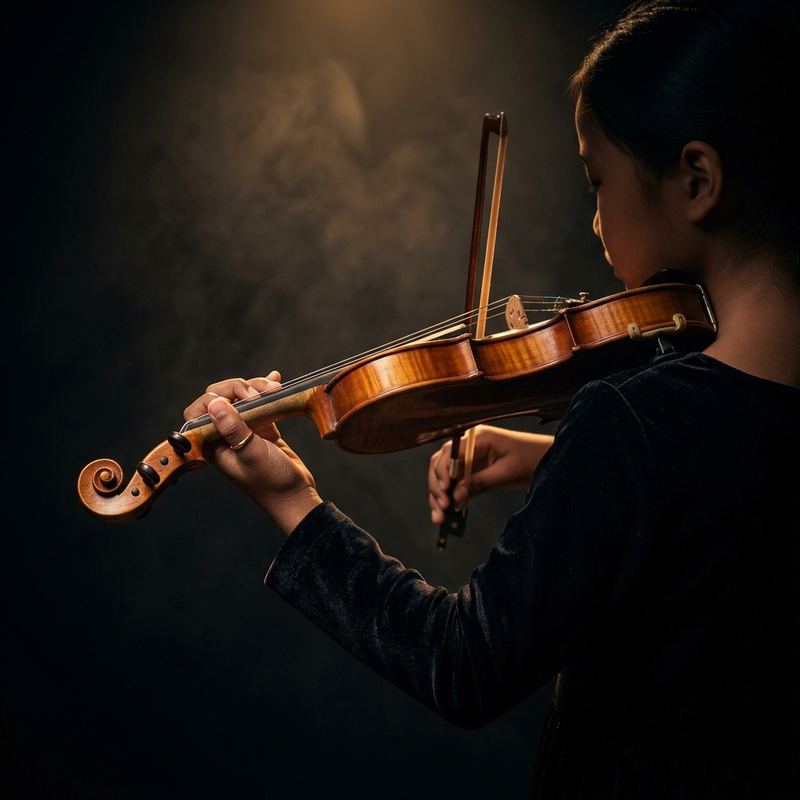 Student playing violin during a violin lesson
