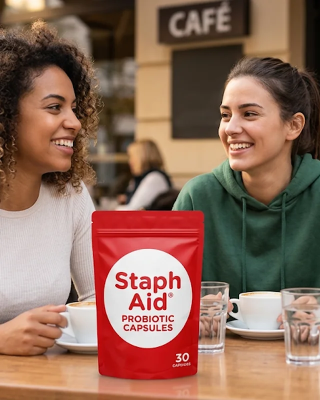 Friends laughing at an outdoor café table, Staph Aid pouch on the table