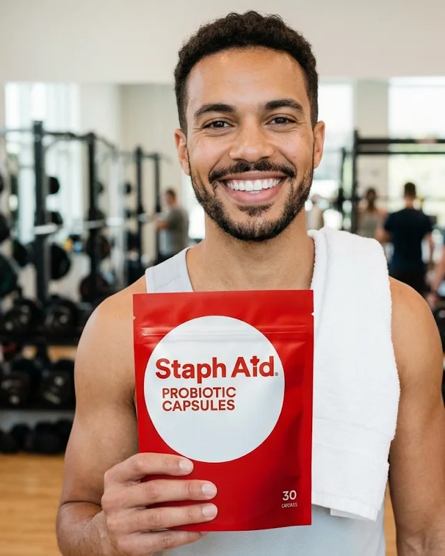 Smiling man at the gym after a workout, holding a Staph Aid pouch